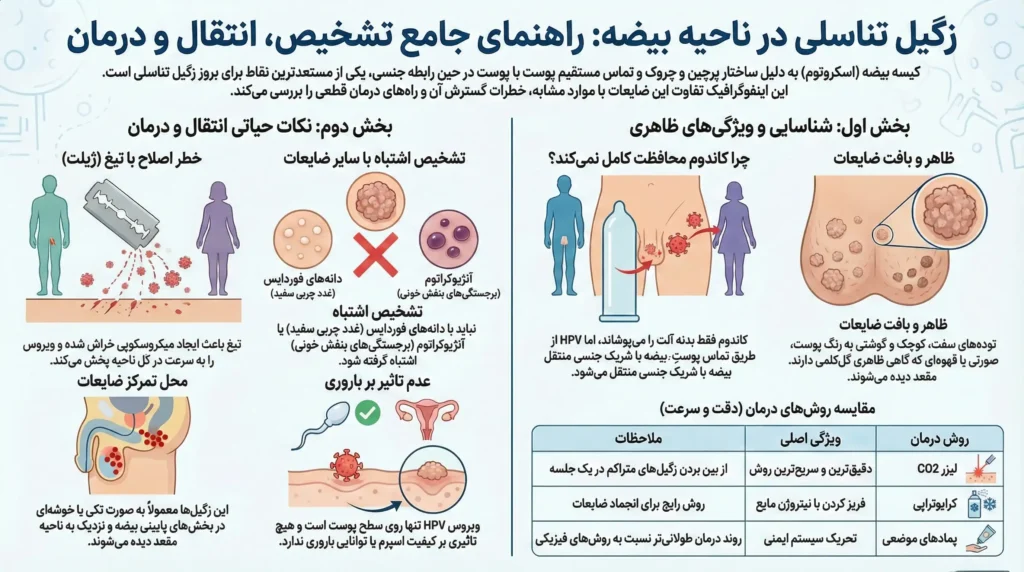 اینفوگرافیک راهنمای جامع تشخیص، انتقال و درمان زگیل تناسلی در کیسه بیضه