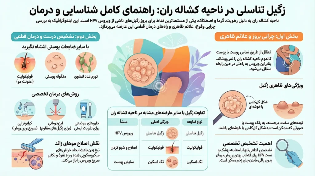 اینفوگرافیک راهنمای کامل شناسایی و درمان زگیل تناسلی در ناحیه کشاله ران
